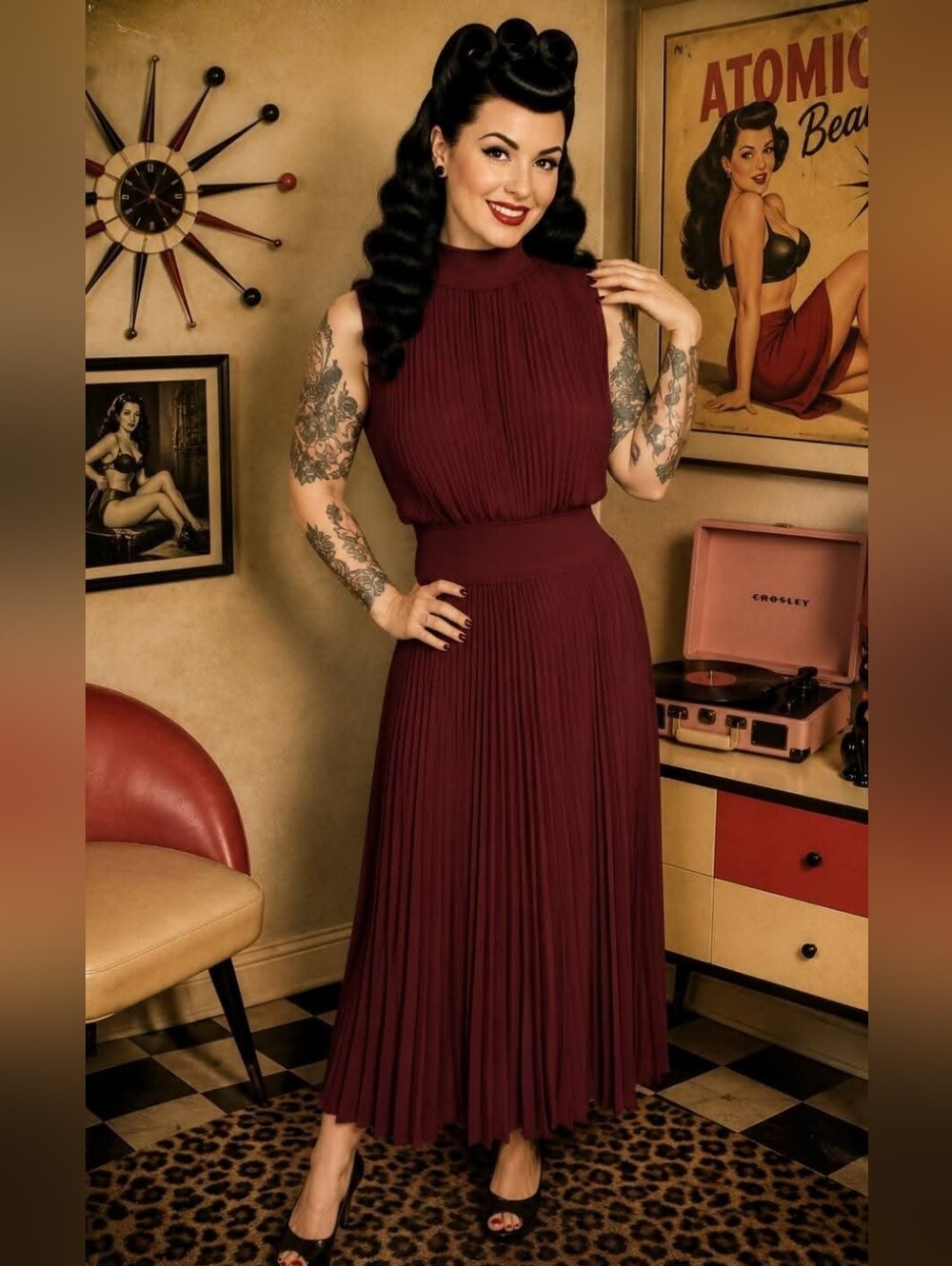 Women’s Burgundy Pleated Midi Dress Pinup NWT
